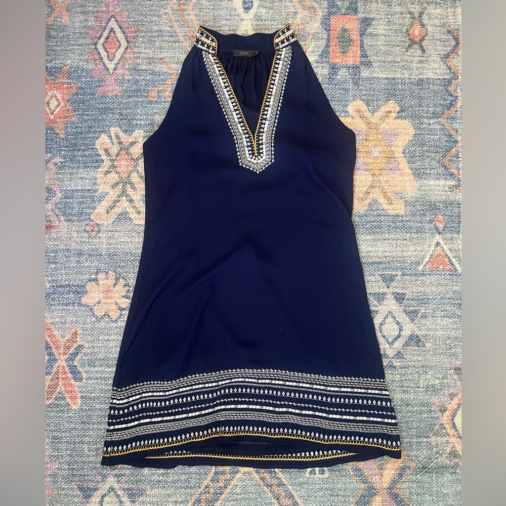 THML Navy Blue Sleeveless Dress with White and Yellow Embroidery